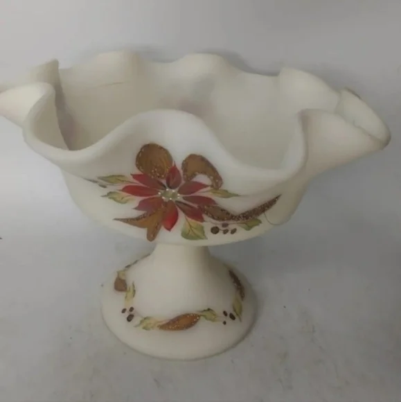 Vintage Fenton handpainted satin glass compote‎ dish